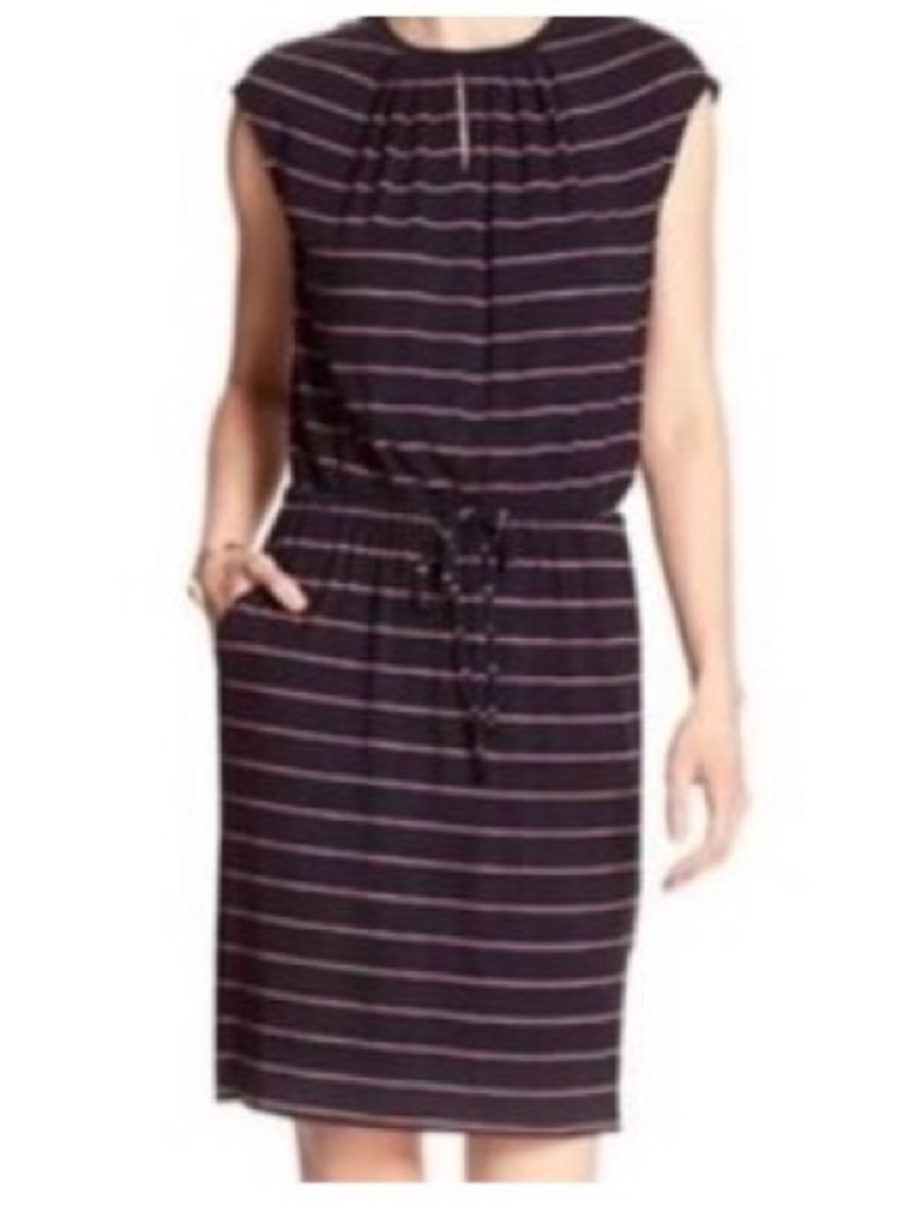 Navy and Pink Dress Stripes Banana Republic Keyhole Neckline